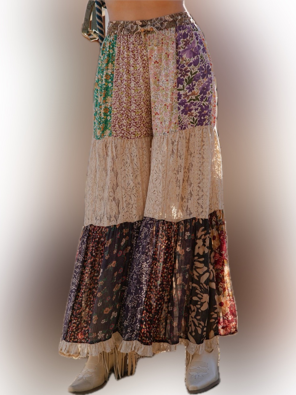 NWT- Boho Patchwork Lace-Tier Wide Leg Pants in Multicolor Young Threads - Picture 1 of 16